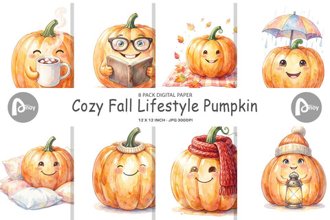 Digital Paper Watercolor Cozy Fall Lifestyle Pumpkin Digital Pattern artnoy 