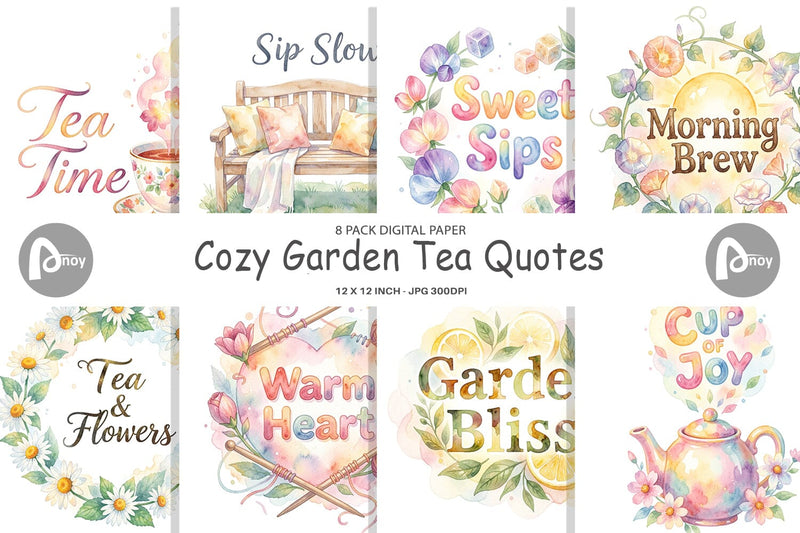 Digital Paper Watercolor Cozy Garden Tea Quotes Digital Pattern artnoy 