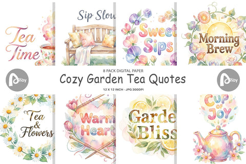 Digital Paper Watercolor Cozy Garden Tea Quotes Digital Pattern artnoy 