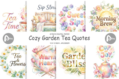 Digital Paper Watercolor Cozy Garden Tea Quotes Digital Pattern artnoy 