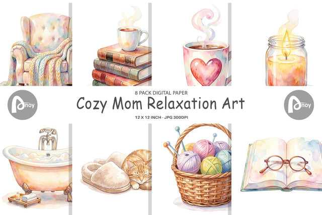 Digital Paper Watercolor Cozy Mom Relaxation Art Digital Pattern artnoy 
