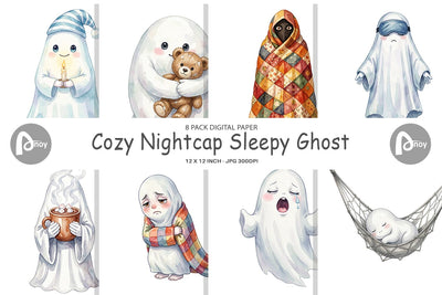 Digital Paper Watercolor Cozy Nightcap Sleepy Ghost Digital Pattern artnoy 
