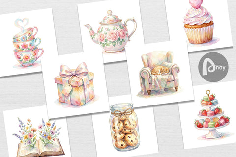 Digital Paper Watercolor Cozy Tea Time Mom Brunch Digital Pattern artnoy 