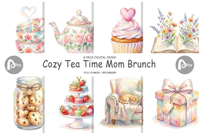 Digital Paper Watercolor Cozy Tea Time Mom Brunch Digital Pattern artnoy 