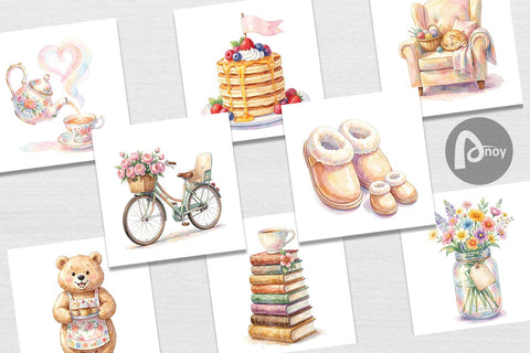 Digital Paper Watercolor Cozy Tea Time Mom Lifestyle Digital Pattern artnoy 