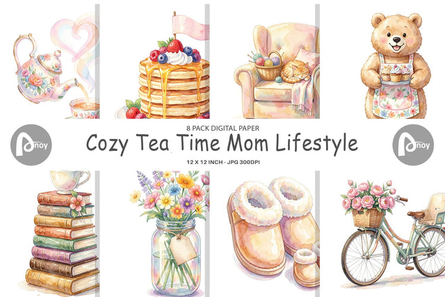 Digital Paper Watercolor Cozy Tea Time Mom Lifestyle Digital Pattern artnoy 