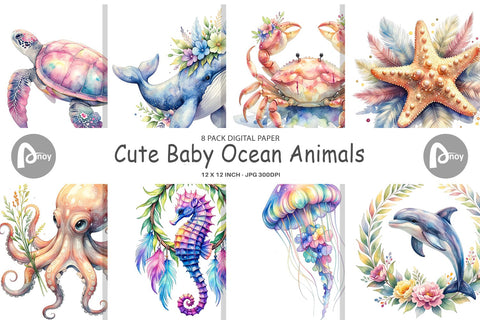 Digital Paper Watercolor Cute Baby Ocean Animals Digital Pattern artnoy 
