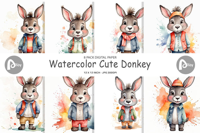 Digital Paper Watercolor Cute Donkey Digital Pattern artnoy 