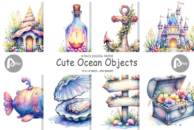 Digital Paper Watercolor Cute Ocean Objects Digital Pattern artnoy 