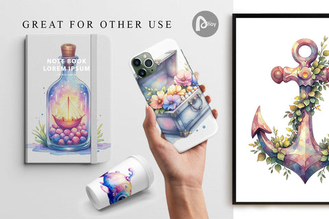 Digital Paper Watercolor Cute Ocean Objects Digital Pattern artnoy 