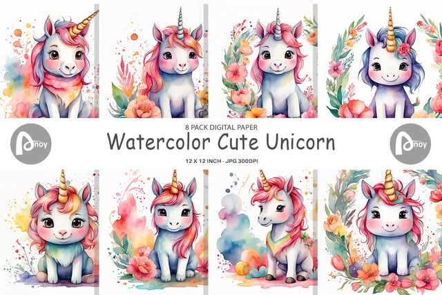Digital Paper Watercolor Cute Unicorn Digital Pattern artnoy 