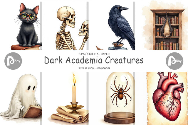 Digital Paper Watercolor Dark Academia Creatures Digital Pattern artnoy 