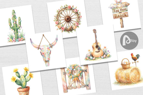 Digital Paper Watercolor Desert Spring Easter Cacti Digital Pattern artnoy 