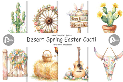 Digital Paper Watercolor Desert Spring Easter Cacti Digital Pattern artnoy 