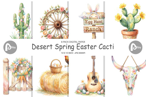 Digital Paper Watercolor Desert Spring Easter Cacti Digital Pattern artnoy 