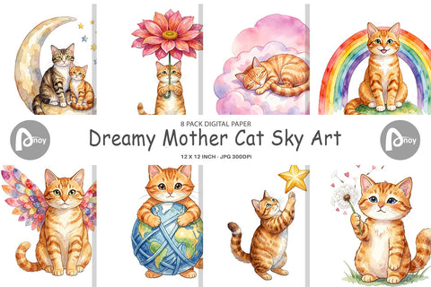 Digital Paper Watercolor Dreamy Mother Cat Sky Art Digital Pattern artnoy 