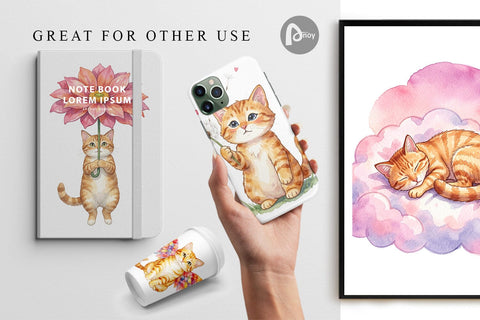 Digital Paper Watercolor Dreamy Mother Cat Sky Art Digital Pattern artnoy 