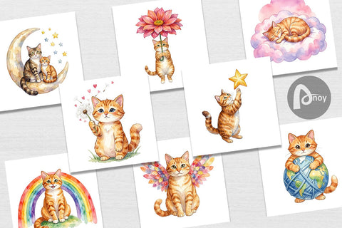 Digital Paper Watercolor Dreamy Mother Cat Sky Art Digital Pattern artnoy 