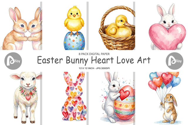 Digital Paper Watercolor Easter Bunny Heart Love Art Digital Pattern artnoy 