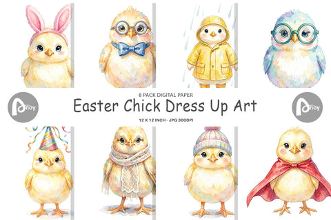 Digital Paper Watercolor Easter Chick Dress Up Art Digital Pattern artnoy 