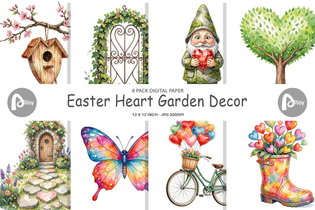 Digital Paper Watercolor Easter Heart Garden Decor Digital Pattern artnoy 
