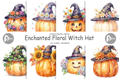 Digital Paper Watercolor Enchanted Floral Witch Hat Digital Pattern artnoy 