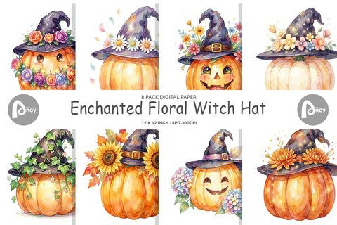 Digital Paper Watercolor Enchanted Floral Witch Hat Digital Pattern artnoy 