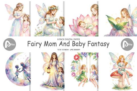 Digital Paper Watercolor Fairy Mom And Baby Fantasy Digital Pattern artnoy 