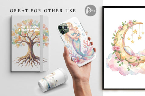Digital Paper Watercolor Fantasy Mom And Baby Creatures Digital Pattern artnoy 
