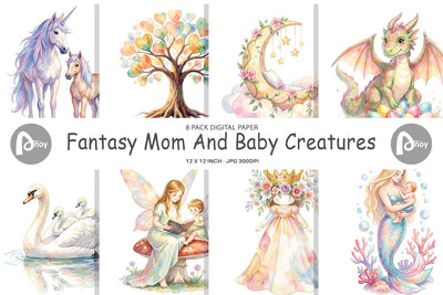 Digital Paper Watercolor Fantasy Mom And Baby Creatures Digital Pattern artnoy 