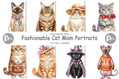 Digital Paper Watercolor Fashionable Cat Mom Portraits Digital Pattern artnoy 