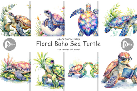 Digital Paper Watercolor Floral Boho Sea Turtle Digital Pattern artnoy 