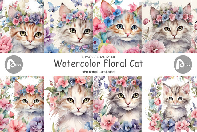 Digital Paper Watercolor Floral Cat Digital Pattern artnoy 