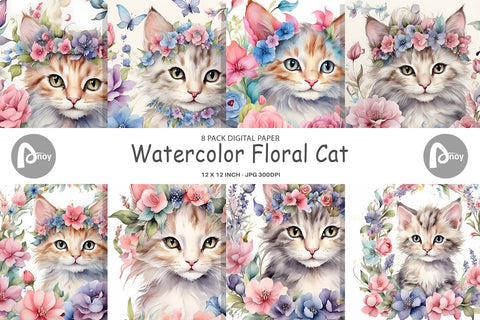 Digital Paper Watercolor Floral Cat Digital Pattern artnoy 