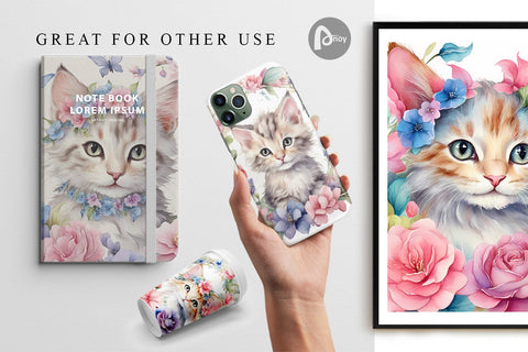 Digital Paper Watercolor Floral Cat Digital Pattern artnoy 