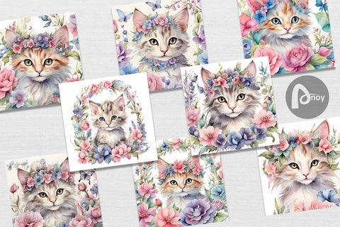 Digital Paper Watercolor Floral Cat Digital Pattern artnoy 
