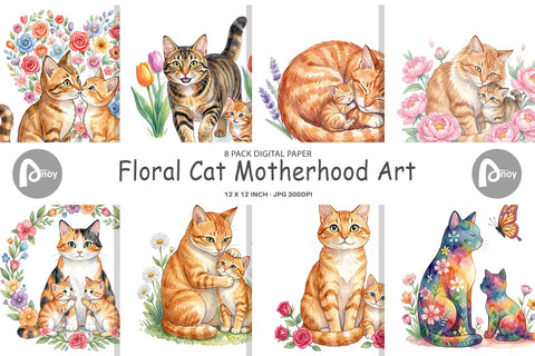 Digital Paper Watercolor Floral Cat Motherhood Art Digital Pattern artnoy 
