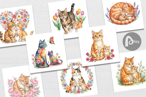 Digital Paper Watercolor Floral Cat Motherhood Art Digital Pattern artnoy 