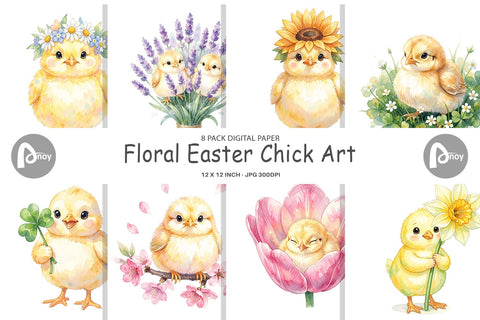 Digital Paper Watercolor Floral Easter Chick Art Digital Pattern artnoy 