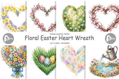 Digital Paper Watercolor Floral Easter Heart Wreath Digital Pattern artnoy 