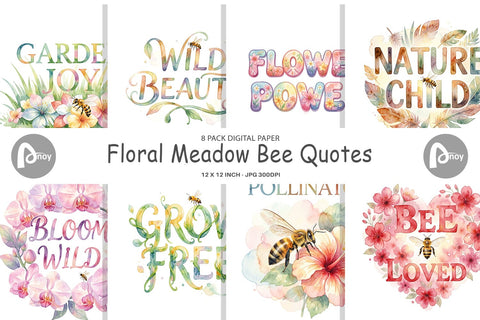 Digital Paper Watercolor Floral Meadow Bee Quotes Digital Pattern artnoy 