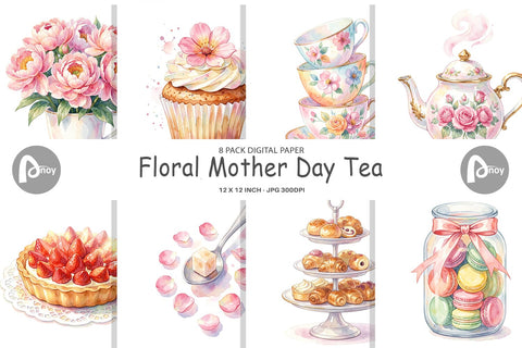 Digital Paper Watercolor Floral Mother Day Tea Digital Pattern artnoy 