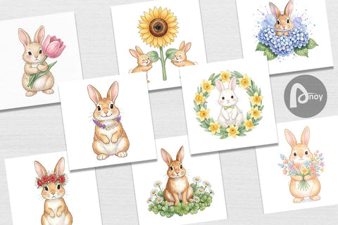 Digital Paper Watercolor Floral Spring Easter Bunny Digital Pattern artnoy 