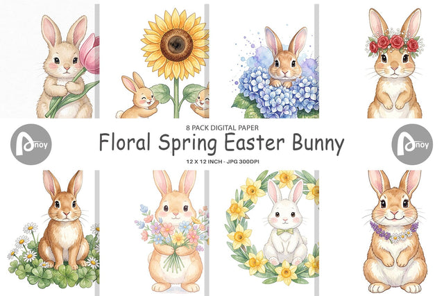 Digital Paper Watercolor Floral Spring Easter Bunny Digital Pattern artnoy 
