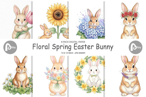 Digital Paper Watercolor Floral Spring Easter Bunny Digital Pattern artnoy 