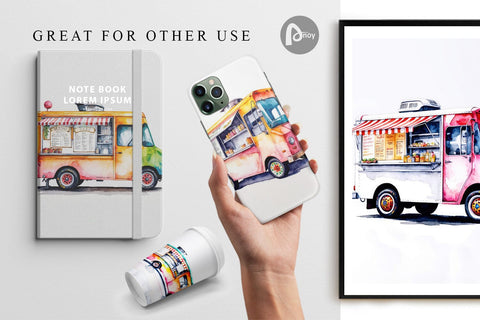 Digital Paper Watercolor Food Truck Sublimation artnoy 