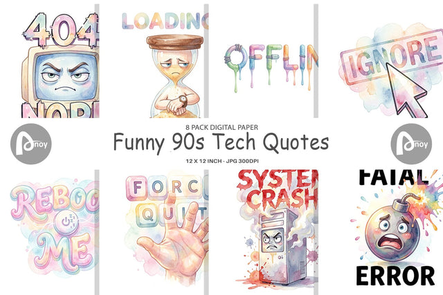 Digital Paper Watercolor Funny 90s Tech Quotes Digital Pattern artnoy 