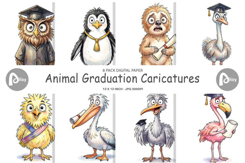 Digital Paper Watercolor Funny Animal Graduation Digital Pattern artnoy 