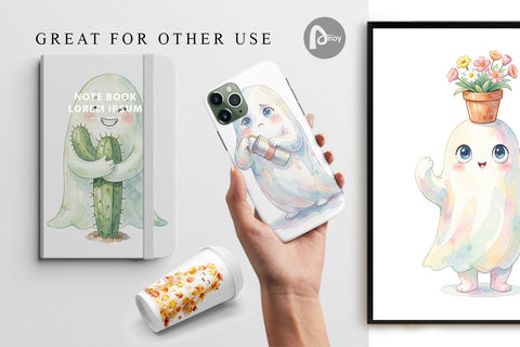 Digital Paper Watercolor Funny Botanical Nature Ghost Sublimation artnoy 