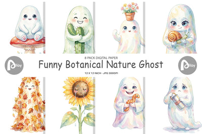 Digital Paper Watercolor Funny Botanical Nature Ghost Sublimation artnoy 